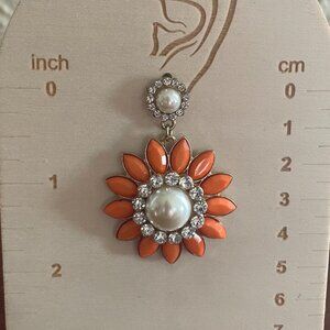 Orange flower dangle earrings with faux diamonds and pearls